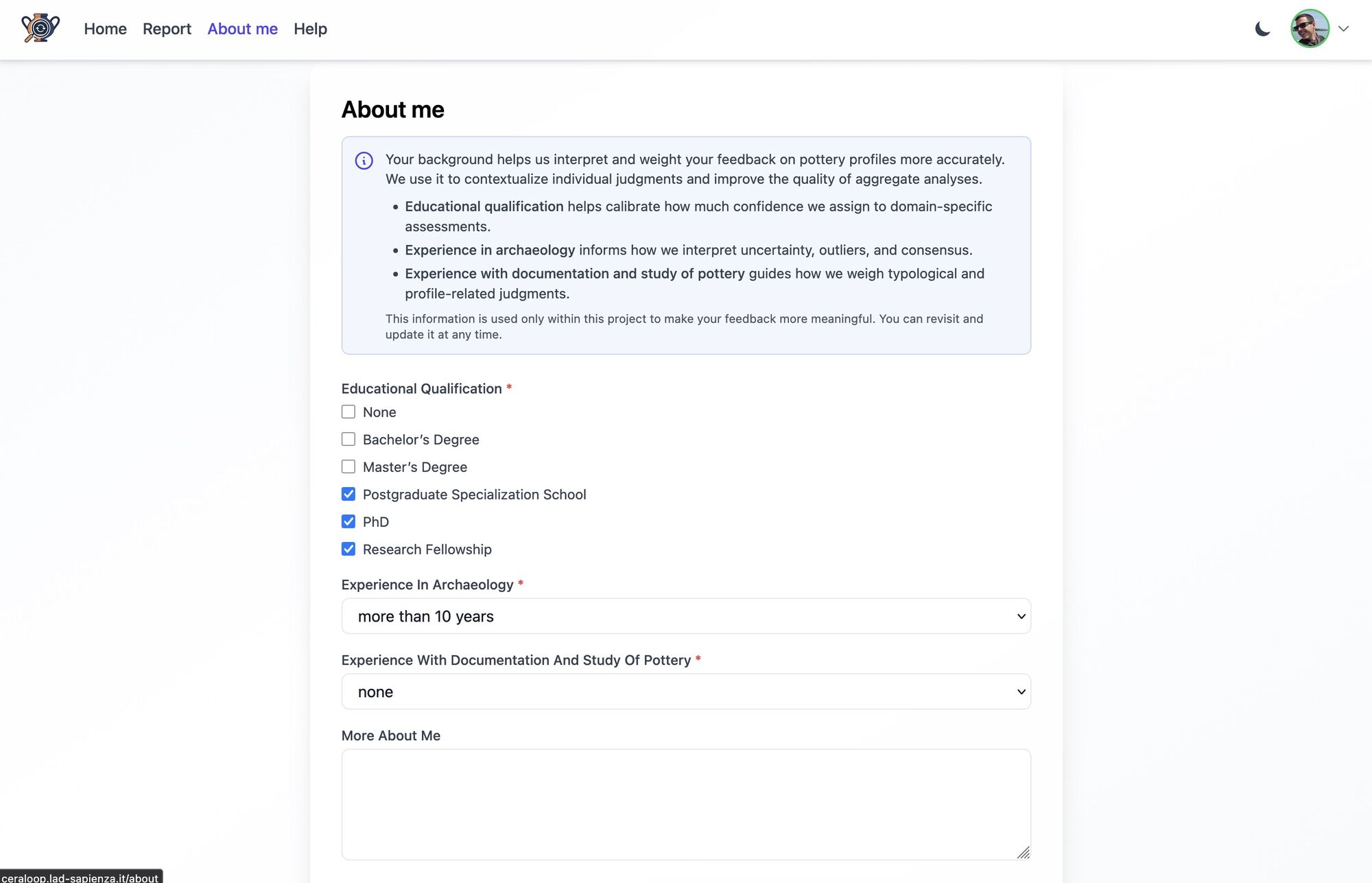 06 CeraLoop: pagina per fornite una descrizione del proprio profilo
